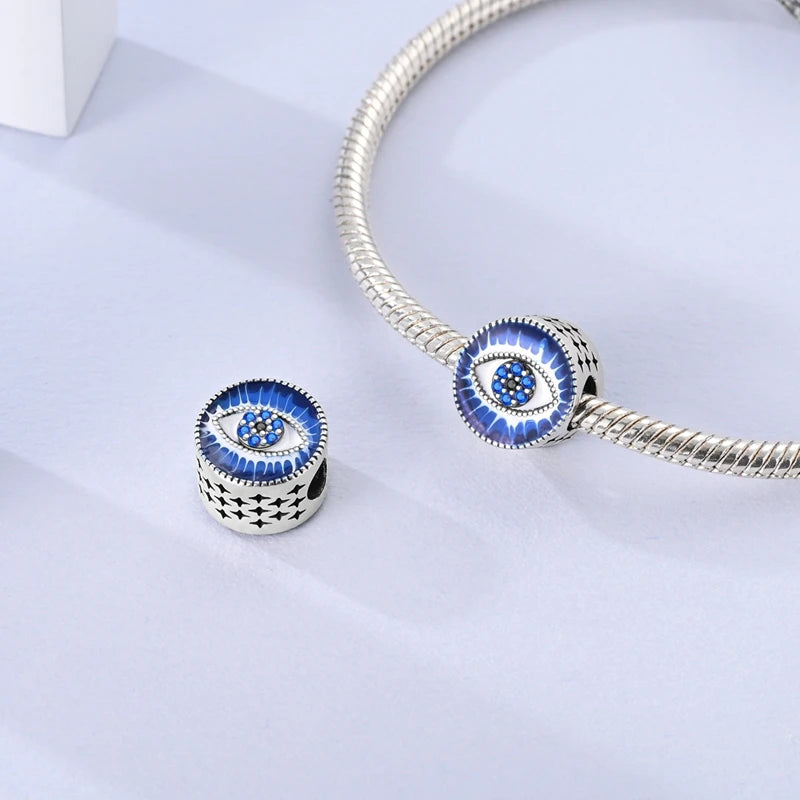 Blue 925 Sterling Silver Rotating Evil Eye Palm Moon Starry Sky Charms | Fit Original Bracelet Pendant Women Jewelry
