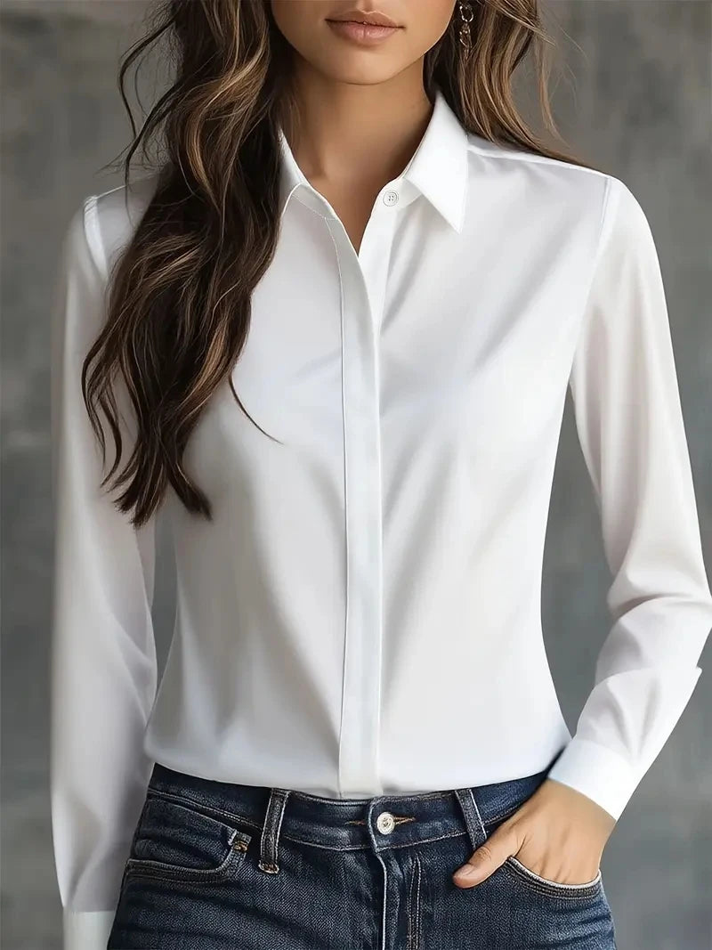 Autumn Satin Shirt for Women 🍂 Solid Color Lapel Long Sleeve Blouse ✨