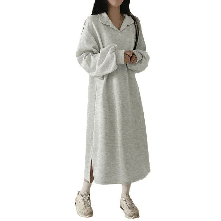 Korean Style Pure Color Fleece-Lined Loose Long Dress – Plus Size Women’s Sweet & Comfortable Spring, Autumn, Winter Dress