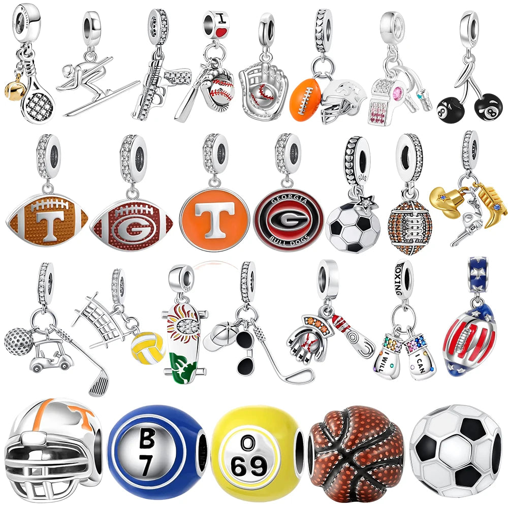2025 S925 Sterling Silver Sports Series Charms | Basketball, Rugby, Baseball & Golf Pendant Fit Pandora Bracelets & Necklaces