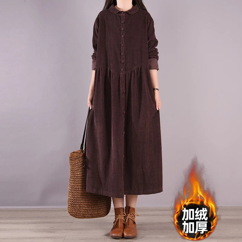 Retro Japanese Style Long Sleeve Corduroy Dress – Thick Fleece-Lined A-Line Winter Dress for Women | Solid Color