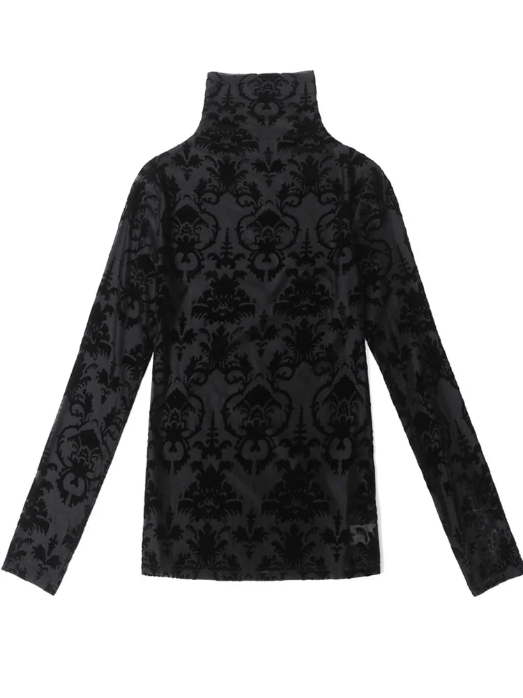 2026 Spring High Collar Women’s Mesh T-Shirt – Korean Flocking Flower Sexy Long Sleeve Top 🌸✨