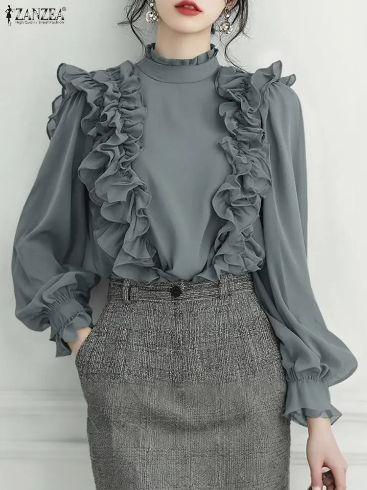 ZANZEA Stylish Ruffled Blouse – Women’s Long Sleeve Stand Collar OL Office Shirt 2025 👚✨