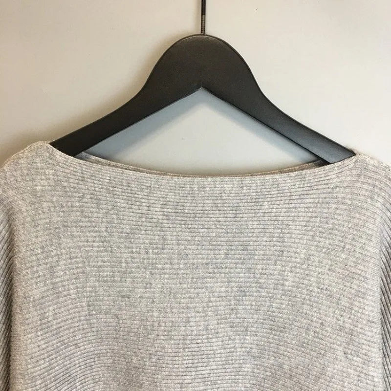 New Women’s One-Line Neck Bat Sleeve Knitted Sweater | Loose Simple OL Style Long Sleeve Solid Pullover