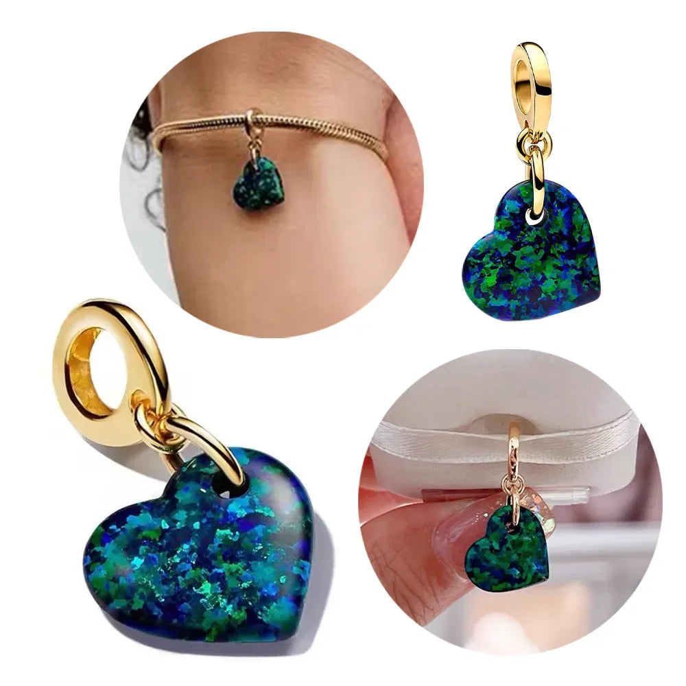 925 Sterling Silver Green Heart Dangle Charm – Fits Original Pandora Bracelet & Earrings Set Trendy Jewelry Gift for Women