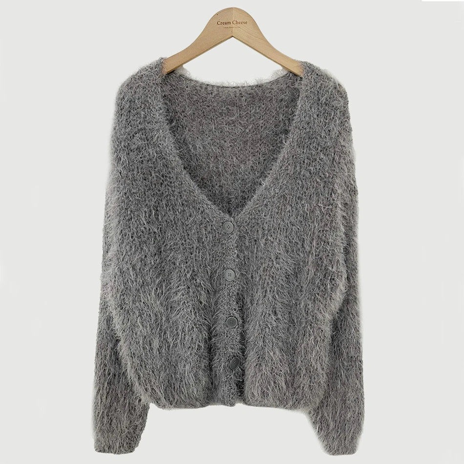 Chic V-Neck Knitted Sweater Coat for Women 🧥✨ Faux Fur Lazy Style Cardigan 💖 Autumn Winter Fashion Outerwear