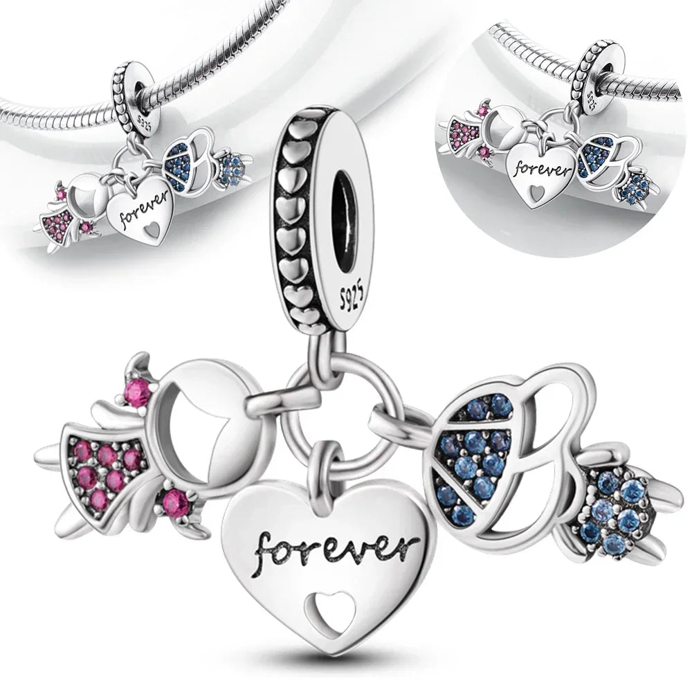 S925 Silver Forever Love Family Sister Heart Charm – Fit Original Bracelet DIY Jewelry Gift for Women & Friends