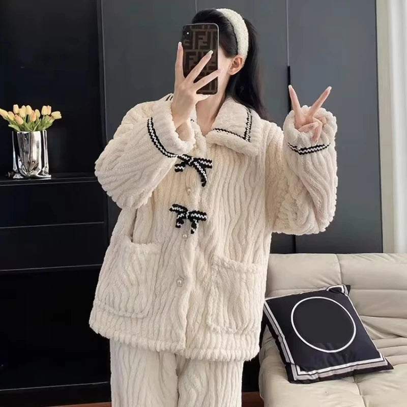 2PCS Women's Pajama Set 👚🩳 Autumn Winter Home Wear ❄️ Thick Padded Warm Princess Loungewear 🌸 Cozy Women's Clothing