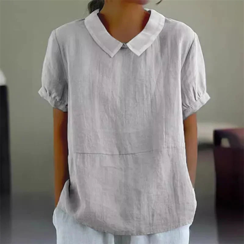 Women’s Summer Cotton Linen Lapel Pullover Shirt – Solid Color Short Sleeve Blouse 2024 👚☀️