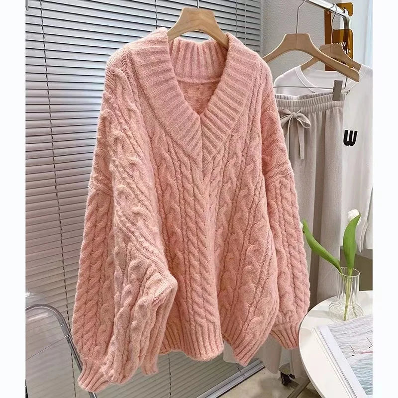 Women’s V-Neck Twisted Knit Sweater – Loose Autumn Winter Outerwear | Lazy Sleeve Soft Knitted Long Sleeve Top