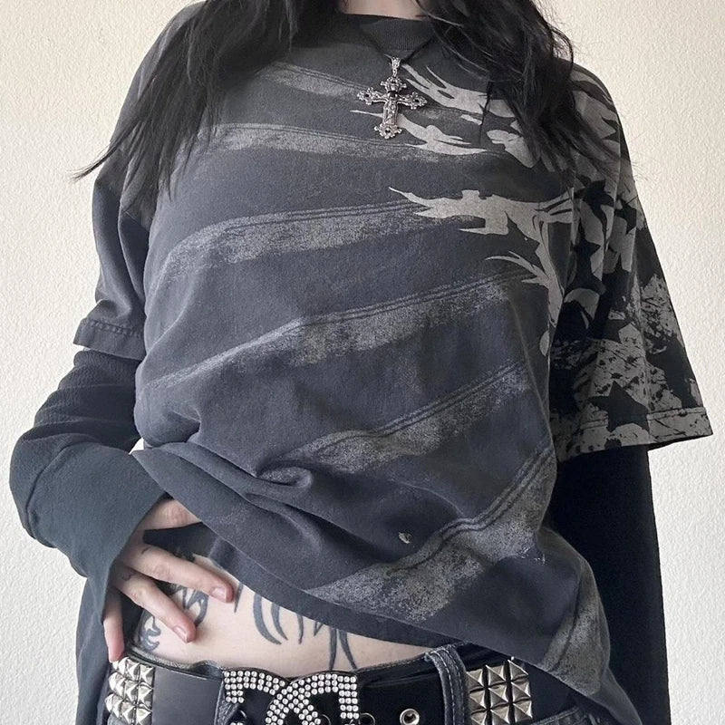 Y2K Grunge Emo Vintage T-Shirt | Gothic Patchwork Long Sleeve E-Girl Cyber Goth Streetwear Top