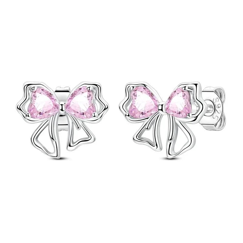 925 Sterling Silver Pink Bow Jewelry Set – Charms, Rings, Earrings & Necklace Beads for Women