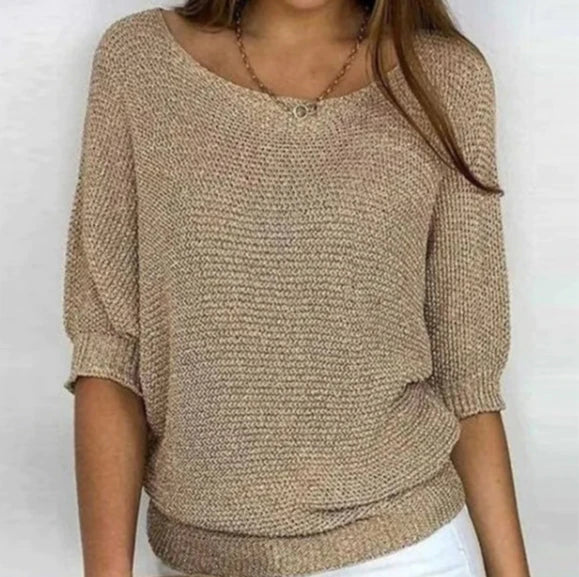 Women's Solid Color Knitted Sweater Pullover | Elegant Winter Round Neck 3/4 Sleeve Top