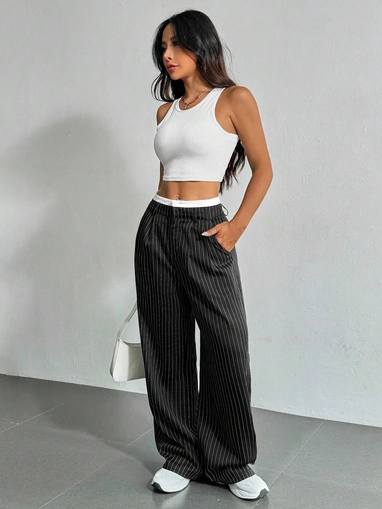 Women’s High Waist Straight Leg Pinstripe Trousers | Office & Casual Striped Dress Pants with Pockets