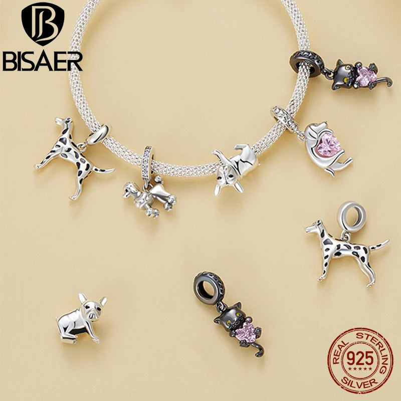 BISAER 925 Sterling Silver Dog Charm | Cute Dachshund Pet Bead Pendant for Women’s DIY Bracelet Jewelry