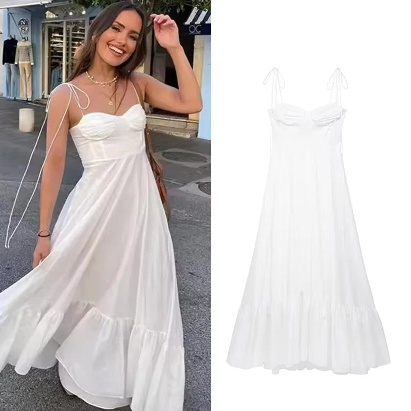 ✨ TFMLN Elegant Women's Tiered Long Dress 👗 Summer High-Waist A-Line Party Dress 🌸 Solid Color Soft Fashion