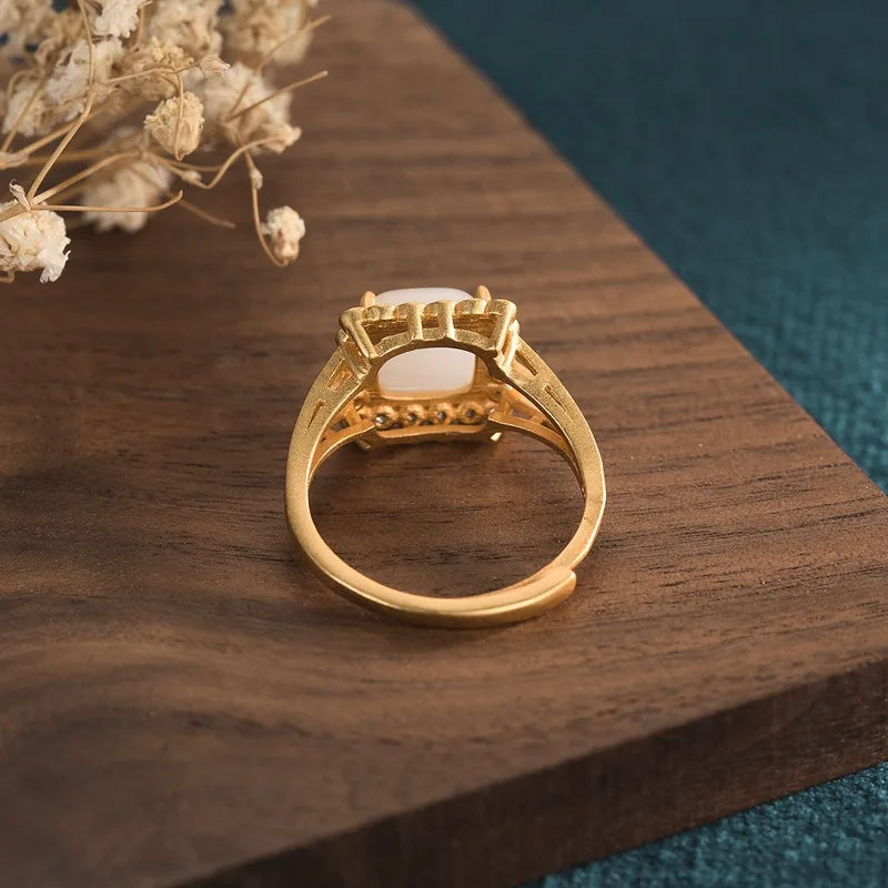 PANJBJ 925 Sterling Silver Hotan Jade Geometric Adjustable Ring | Retro Delicate Jewelry Gift for Women