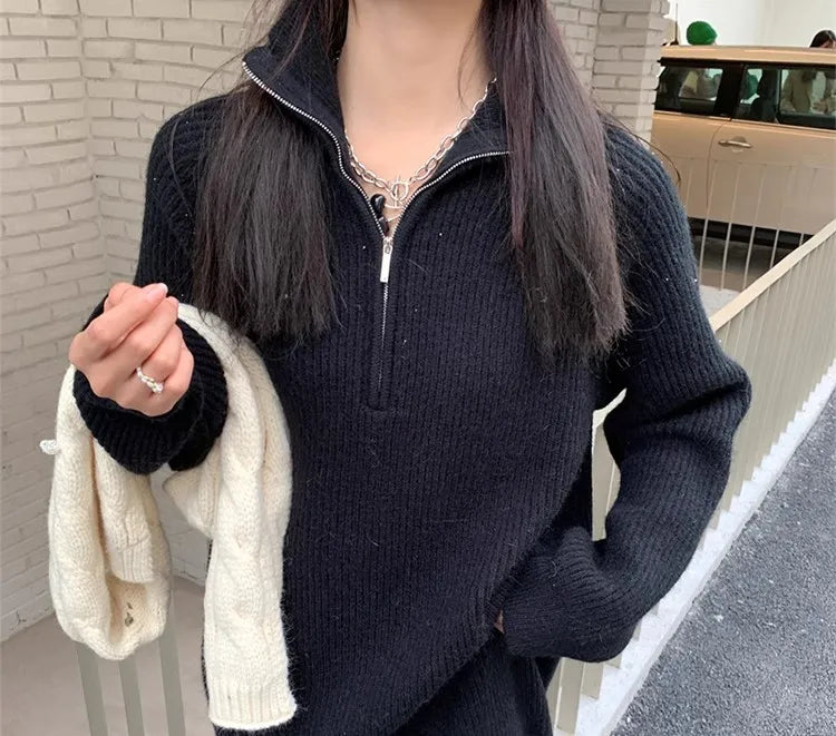 Autumn Winter Knitted Zipper Collar Dress for Women – Long Sleeve Loose Fit Pure Color H-Shape Casual Warm Dress