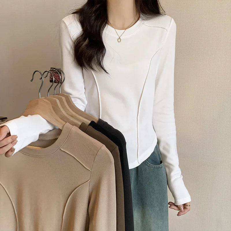 Women's Long Sleeve Velvet Base Shirt 👚 Slim Fit Round Neck T-Shirt ✨ Pure Color Winter Fashionable Top ❄️