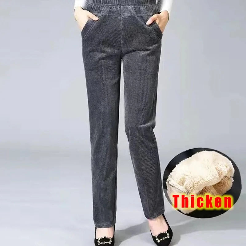 Autumn Winter Women’s Plush Fleece Pencil Pants – High Waist Corduroy Leggings | Elegant Office Trousers