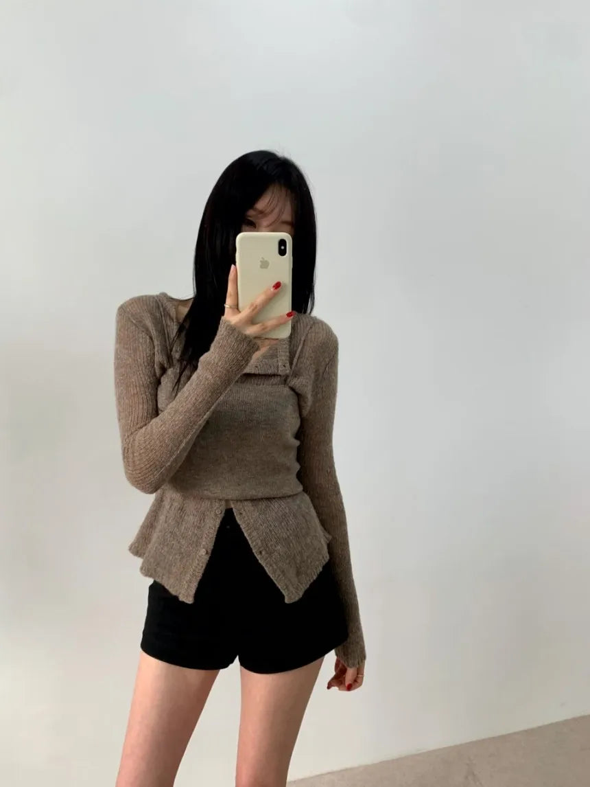Simple round Ne Button up Knit Sweater Strap Set Casual Sle Polyester Fiber Open Cardigan for Women Autumn Winter ential