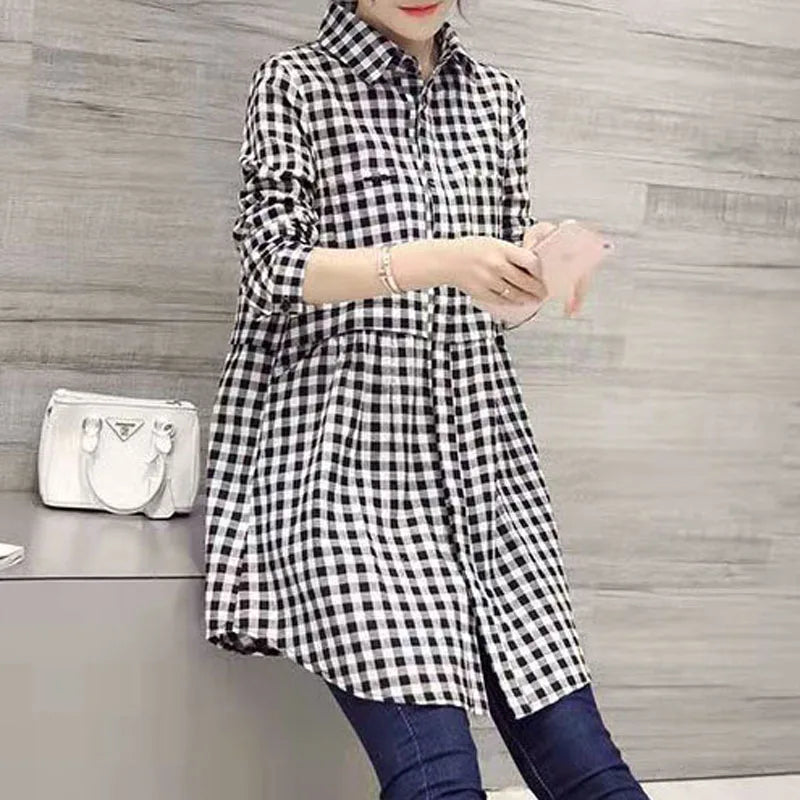 Women’s Plaid Shirt – Oversized Long Sleeve Pure Cotton Button-Up Casual Top Plus Sizes 👚✨