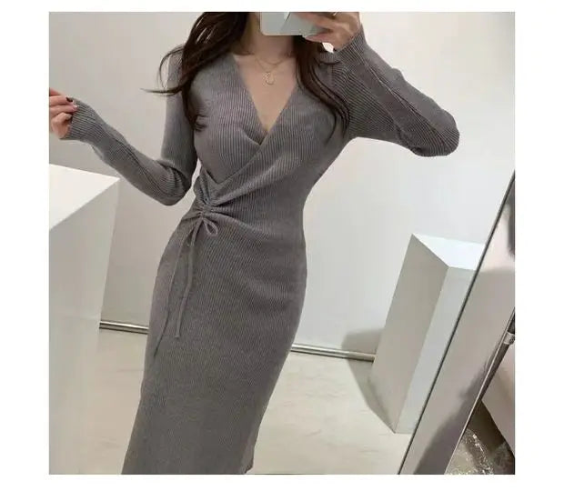 Chic V-Neck Pleated Drawstring Slimming Mid-Length Wrap Dress – Women’s Knitted Sweater Dress | Korean Style High Waist A-Line