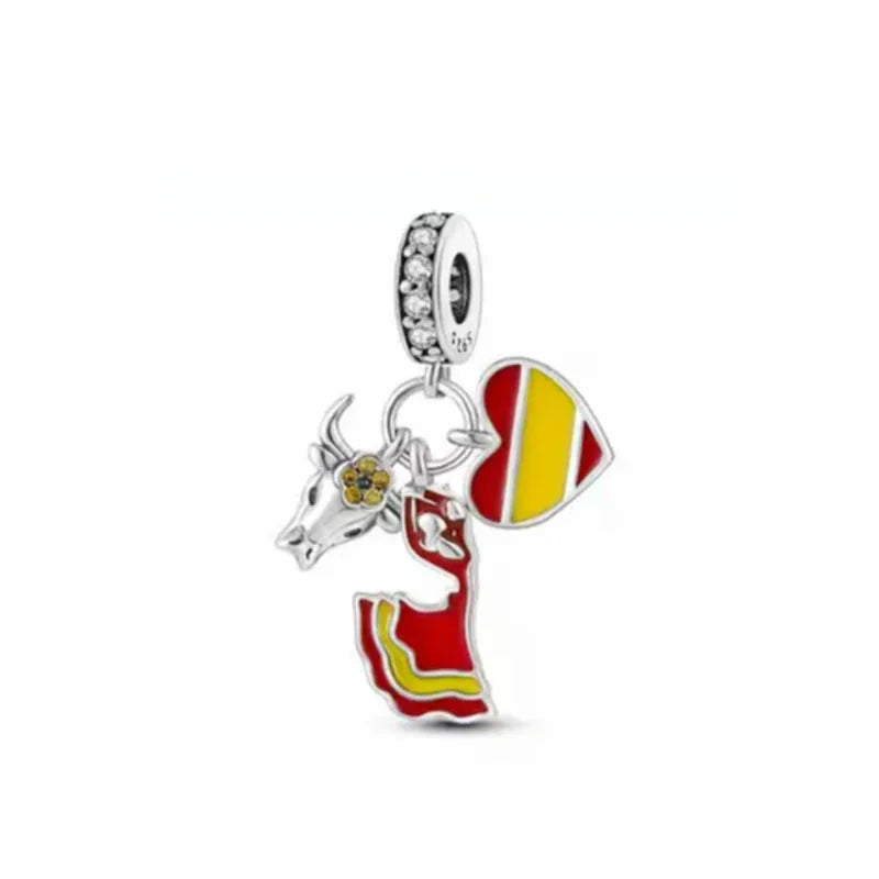 925 Sterling Silver National Flag Charms | Britain, Spain & Brazil Building Beads Fit Pandora Bracelet – Travel Jewelry Accessories