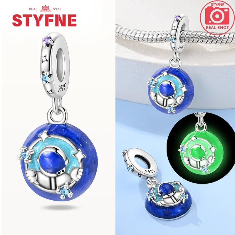 925 Sterling Silver Luminous Rabbit Astronaut Spaceship Charm – Fits Original Bracelet DIY Jewelry Gift for Women