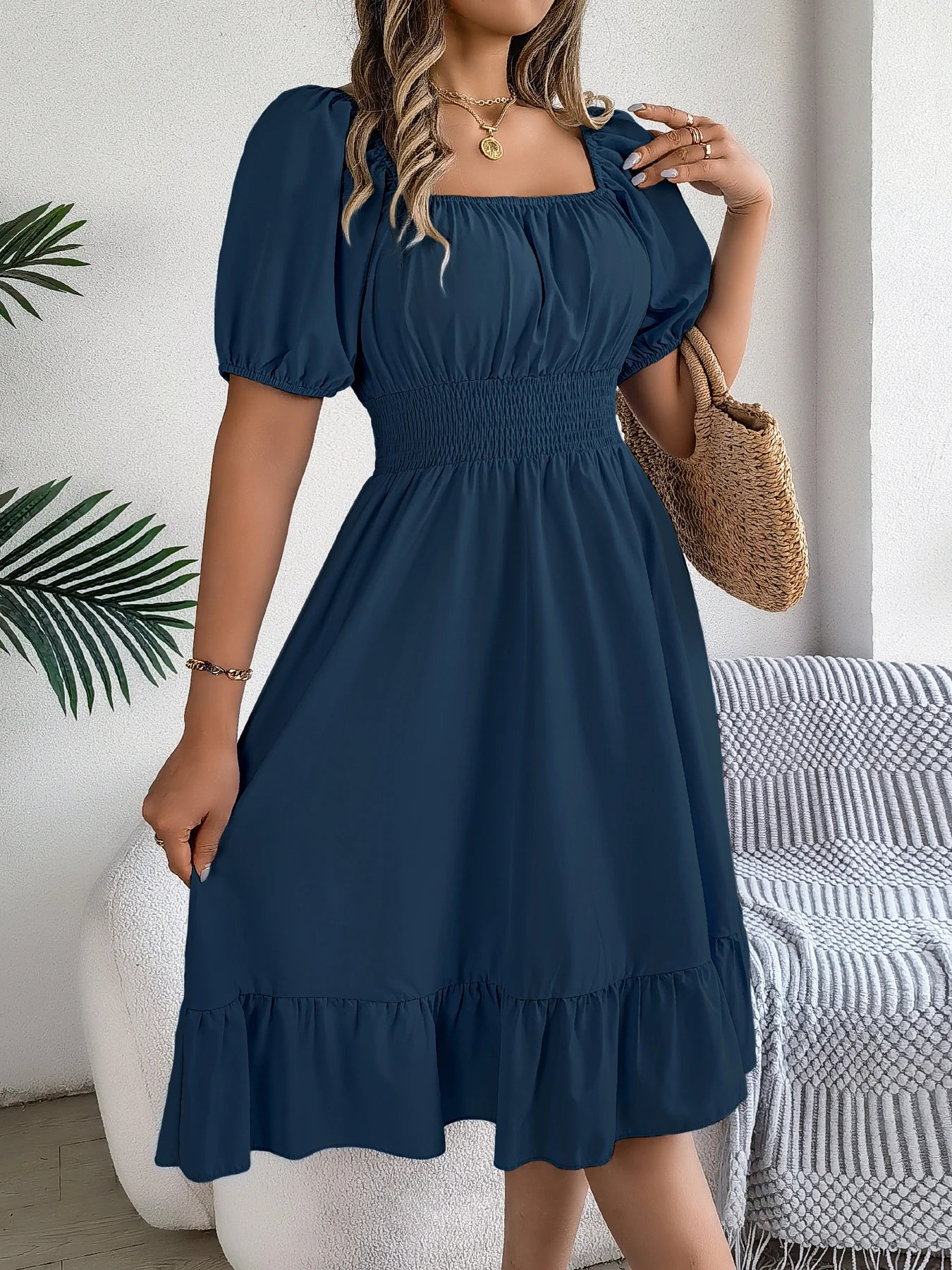 2026 Women’s Elegant High-Waisted Dress – Square Neck, Short Sleeve, Ruffled Edge Long Dress | Spring Summer Valentine’s Day