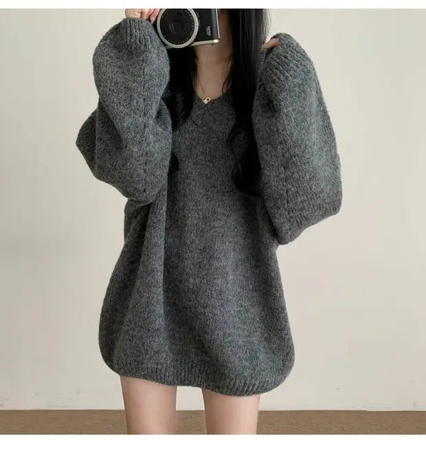 Soft Cozy Knitwear Women’s Loose Sleeve Sweater – Autumn Winter New Fashion V-Neck Long Sleeve Korean Commute Outerwear
