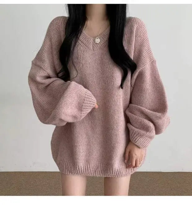Soft Cozy Knitwear Women’s Loose Sleeve Sweater – Autumn Winter New Fashion V-Neck Long Sleeve Korean Commute Outerwear