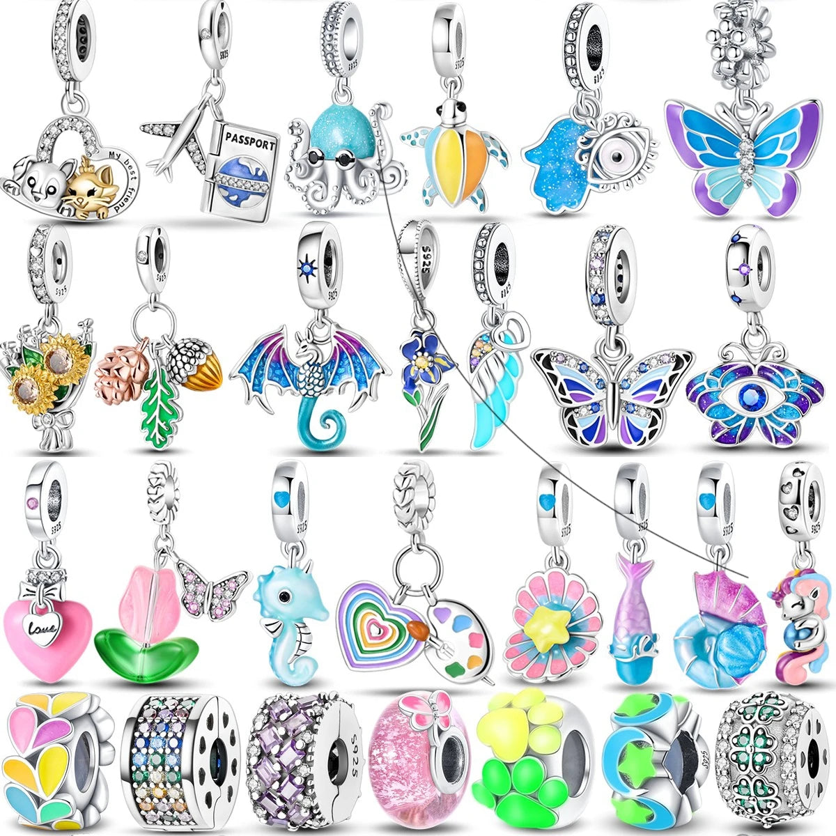 925 Sterling Silver Colorful Luminous Charms | Shell Turtle Star Beads