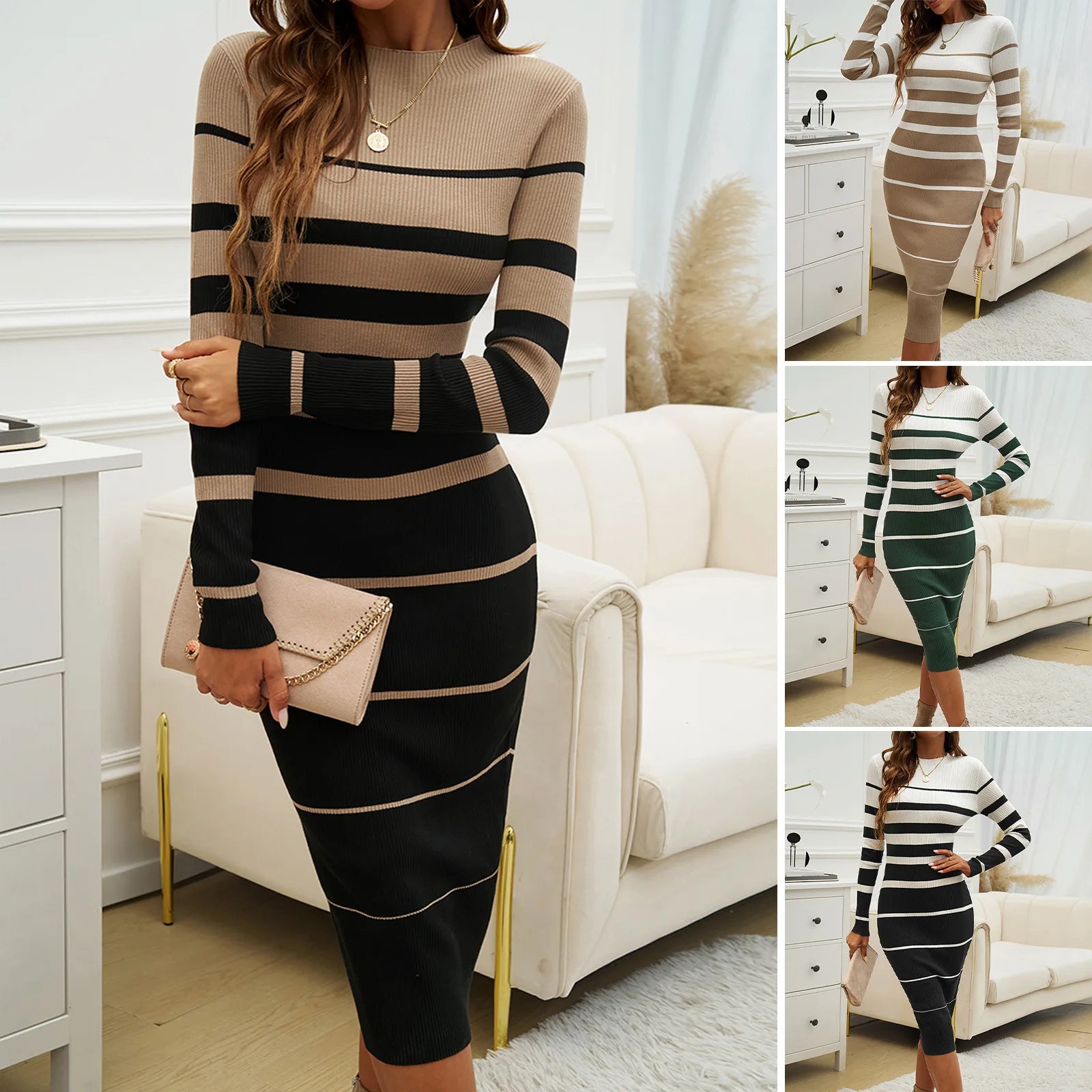 2025 Women’s Knitting Sheath Dress – Long Sleeve Stripe Print Round Collar Maxi Knitted Gown | Office Lady Vestidos