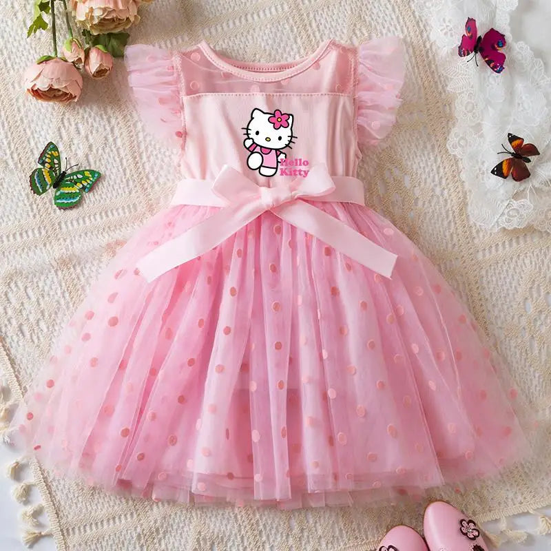 Hello Kitty Summer Kids Girls  Ruffles Sleeves Elegant Princess Mesh Dresses Girls Birthday Party Casual Sweet Dresses 2-6Y