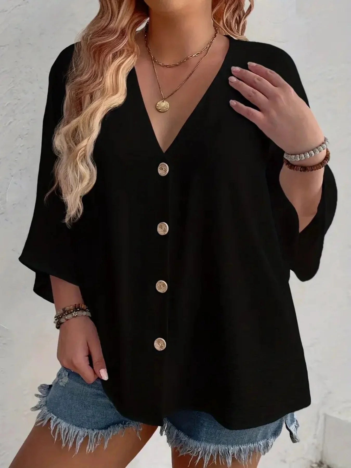 Plus Size 2025 Women’s Loose V-Neck Long Sleeve Top – Elegant Solid Color Casual Blouse 👚✨