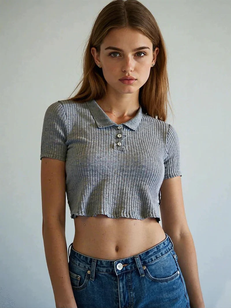 Women’s Knit Polo Neck Cropped Shirt – Summer Short Sleeve Solid Color Youthful Top 👚☀️