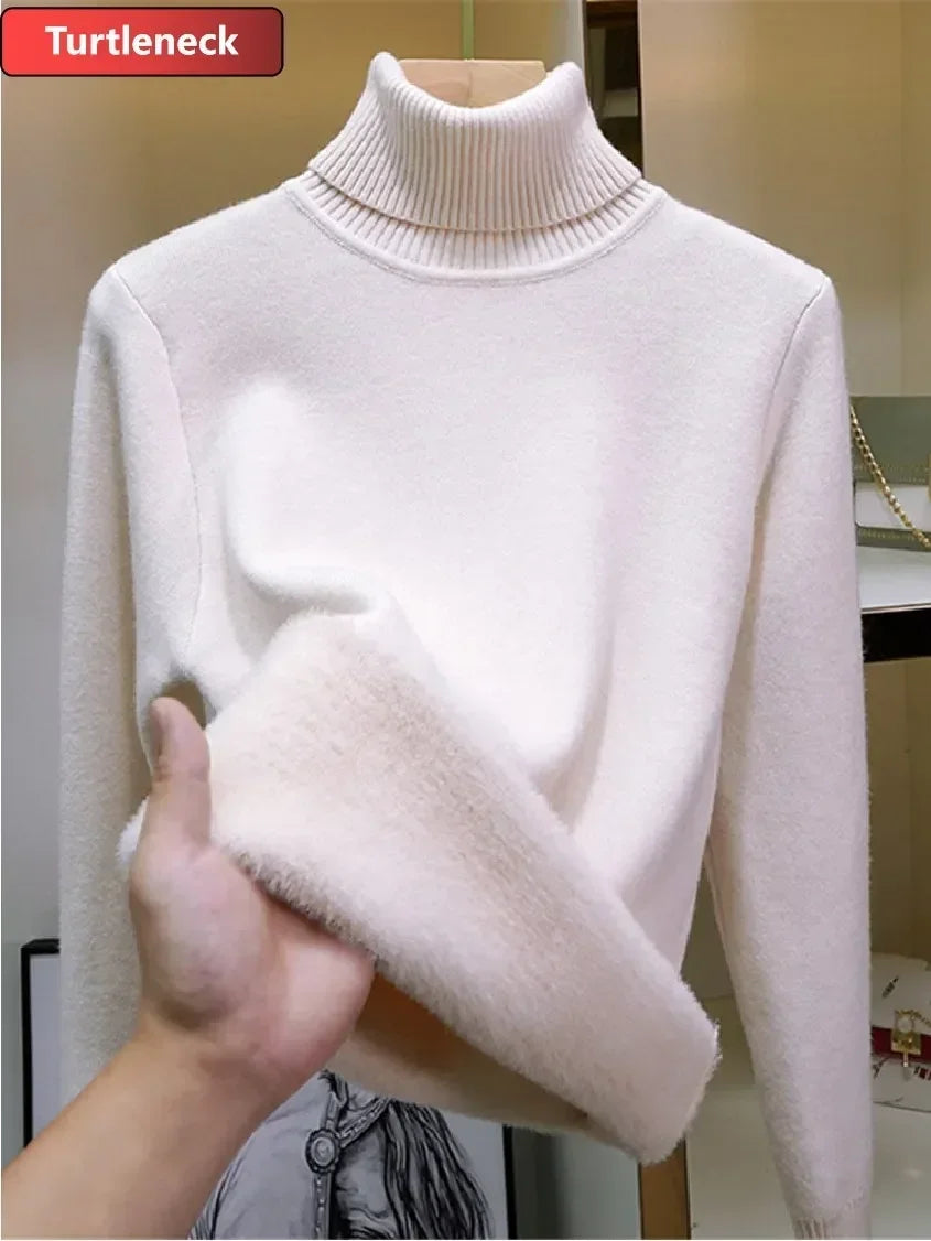 Women Winter Thicken Turtleneck Sweater – Slim Knit Plush Velvet Lined Warm Pullover Jumper