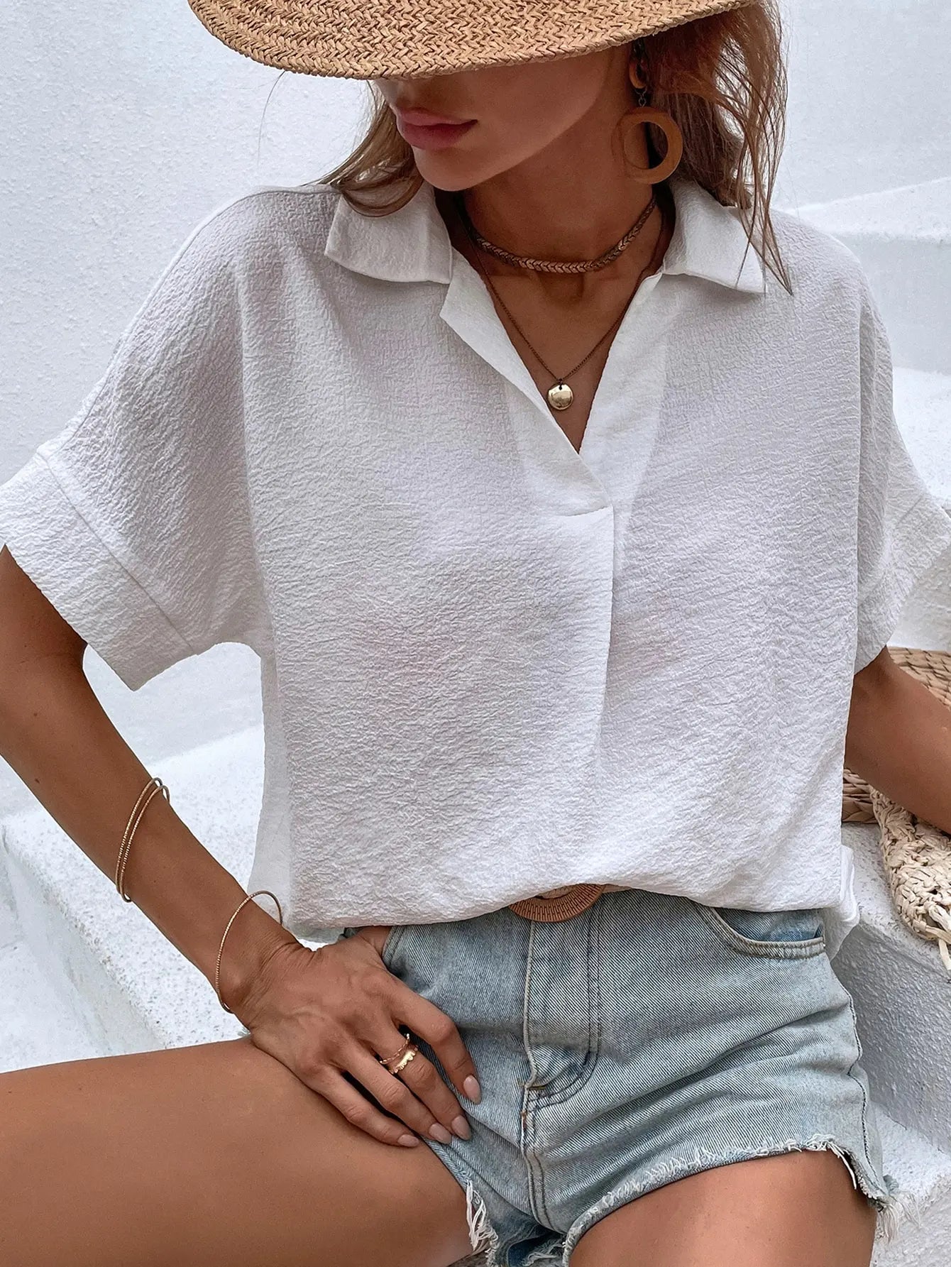 Ladies Solid Color Lapel Neck Blouse – Casual Batwing Sleeve Women Tops 👚✨