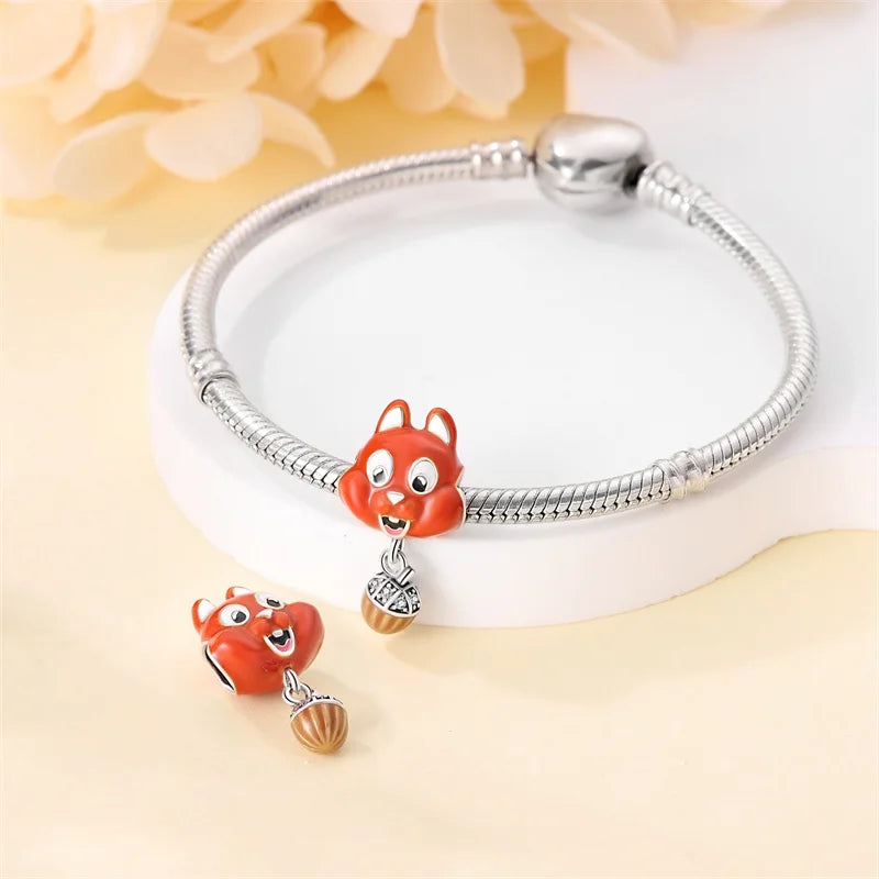 925 Sterling Silver Squirrel & Maple Leaf Charm | Shiny Zircon Autumn Beads Fit Pandora Bracelet DIY Jewelry