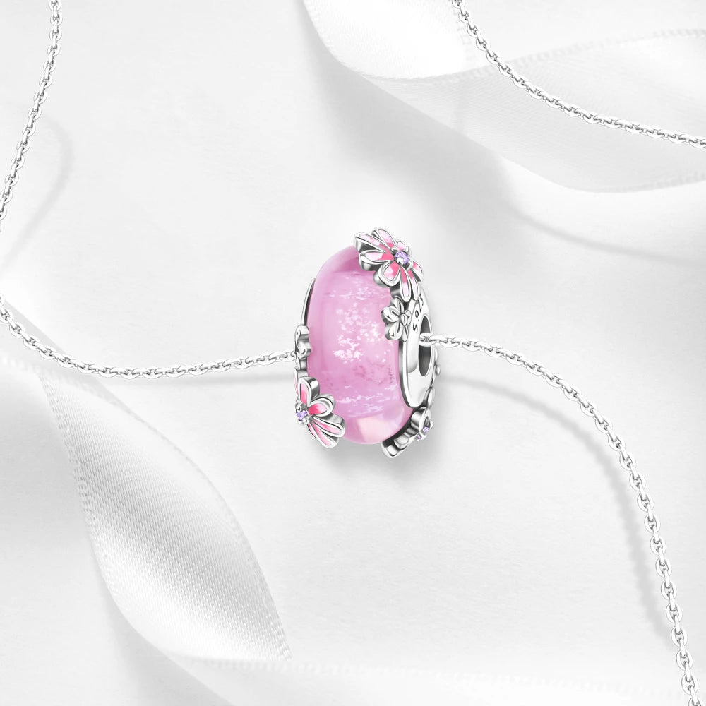 925 Sterling Silver Pink Daisy Melano Glass Bead Charm Fit Pandora Bracelet Jewelry