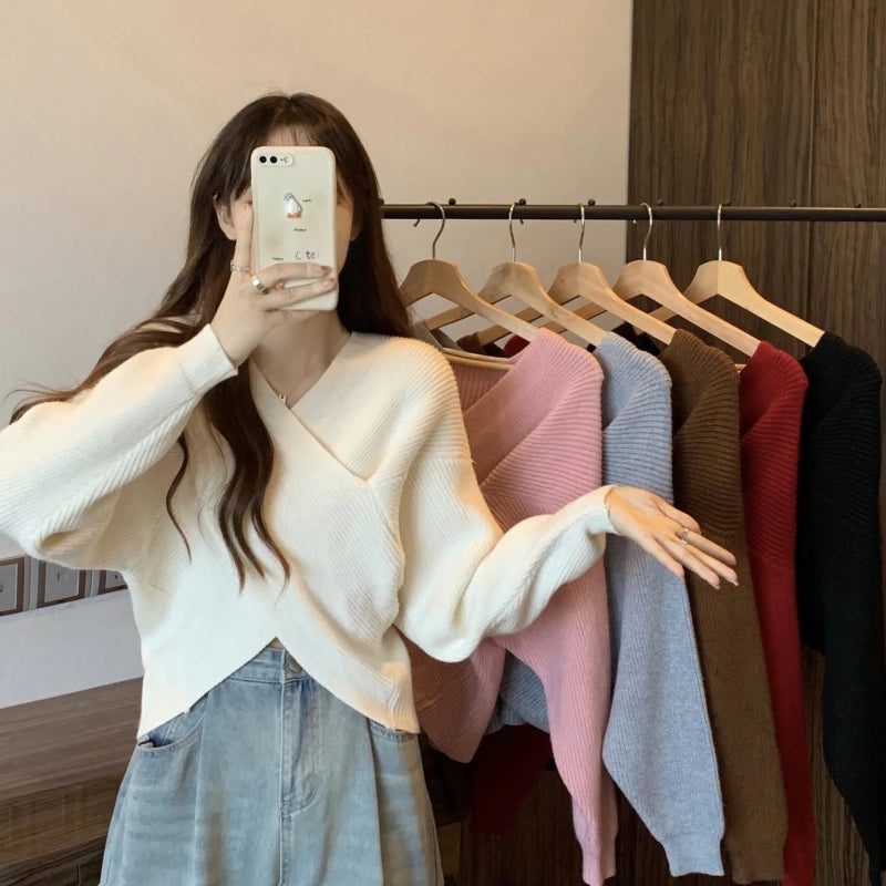 2025 New Korean Style Casual Slim Fit Knitted Top – Cross Neck Lazy Sleeve Design Sensation