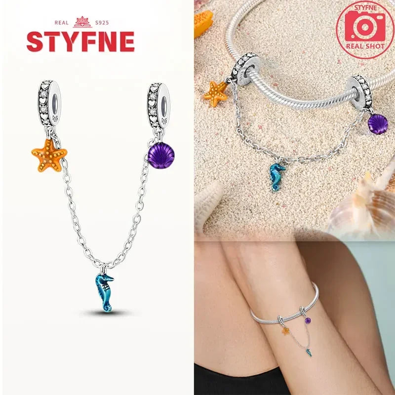 S925 Silver Cute Cat Heart Bead Safety Chain Fit Original Bracelet