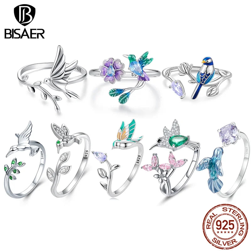 BISAER 925 Sterling Silver Floral Bird Open Ring | Adjustable White Gold Plated Flower Band for Women – Fine Party Jewelry