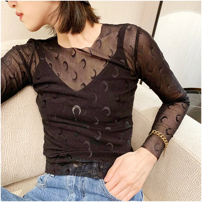 American Retro Women’s Two-Piece Set – Ice Silk Top & Pants with Moon Print Long Sleeve 🌙✨