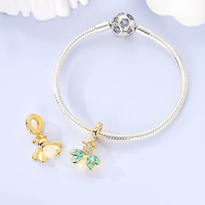 925 Sterling Silver Gold Charms Beads | Leopard, Butterfly, Firefly & Bee Dangle Fit Original Bracelet Women DIY Jewelry Gift