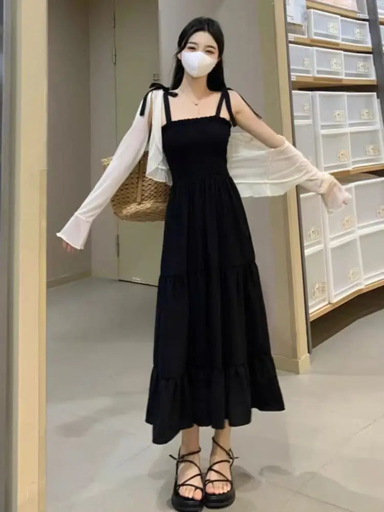 Plus Size Women's Summer Dress Set 🌞 Strap Dress & Skirt Set 👗 Sun Protection Hepburn Style Soft Polyester 🖤