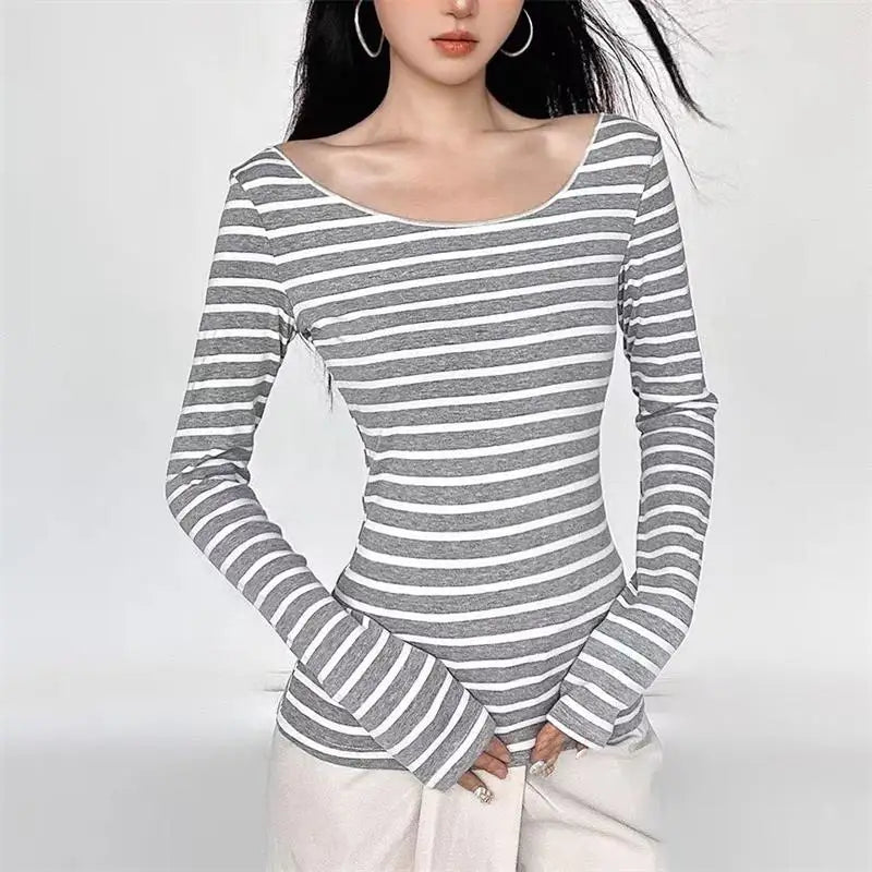 Y2K Grunge Emo Vintage Striped Off Shoulder Long Sleeve Top for Women – Black Grey Retro Goth Tee