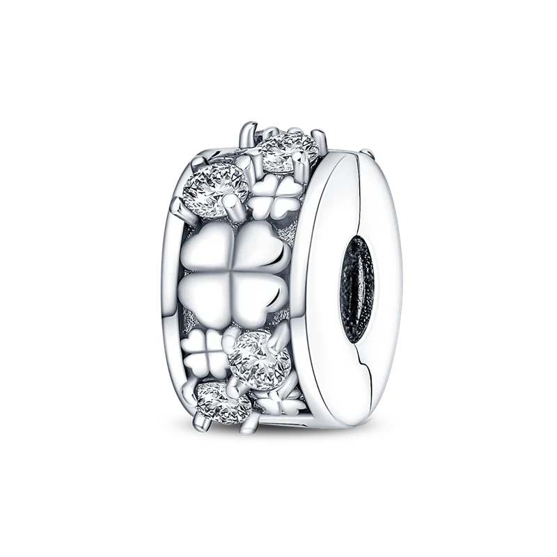 925 Sterling Silver CZ Pave Daisy Clip Charm & Safety Chain – Fits Original Pandora Bracelet, Women’s Silver Stopper Beads Jewelry