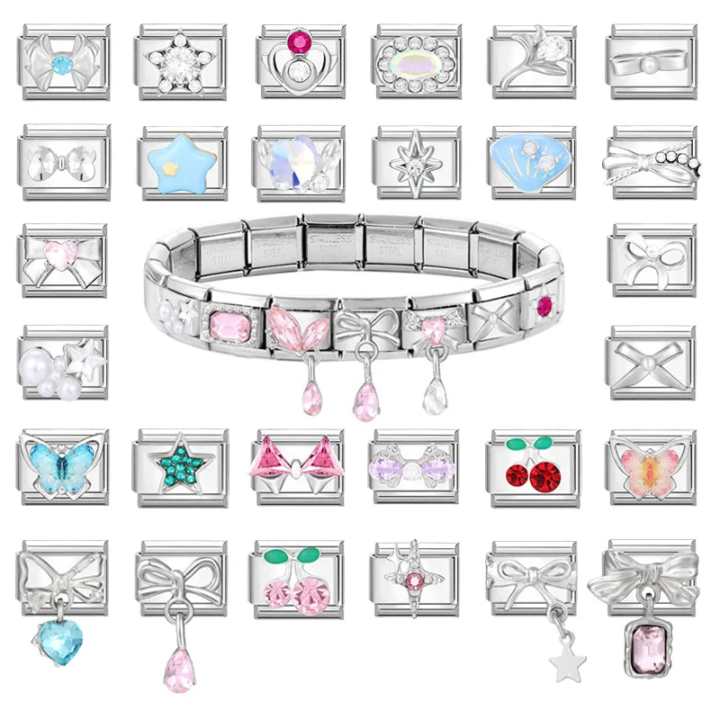 2025 Original Zircon Bow Knot Star Cherry Italian Charm | Stainless Steel 9mm Links DIY Modular Bracelet Jewelry Wholesale